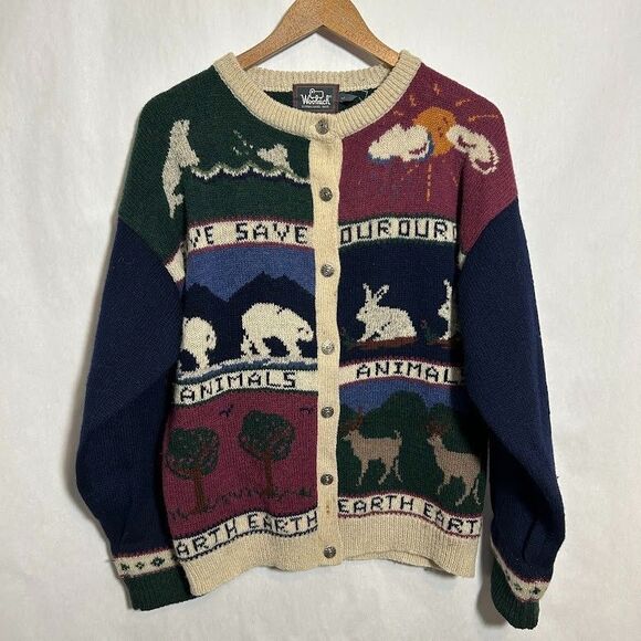 VTG Woolrich Save Our Earth Animals Knit Wool Cardigan Sweater Women’s L Novelty - Picture 2 of 10